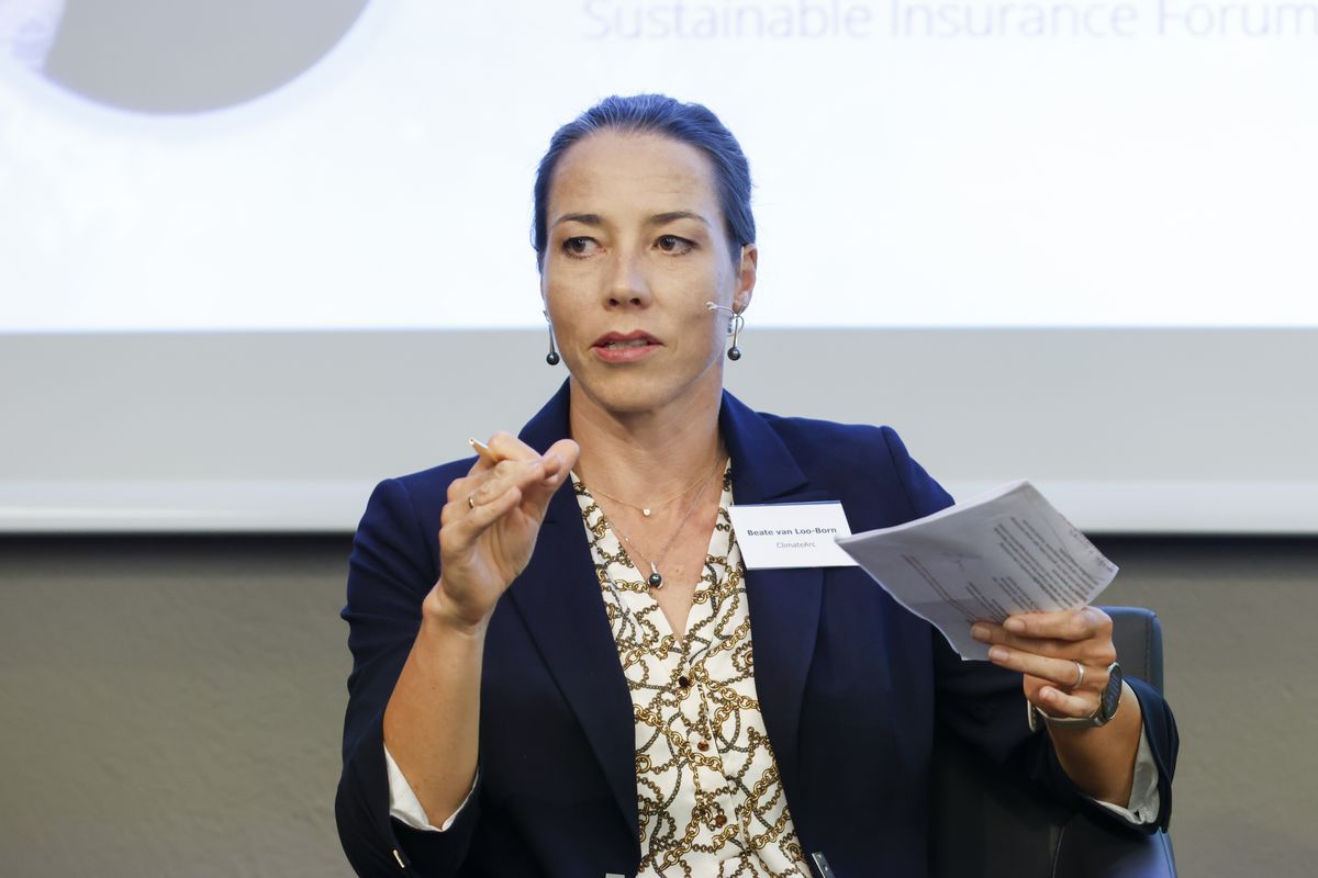 Beate van Loo-Born speaking on a panel, holding notes, alongside fellow panellists.